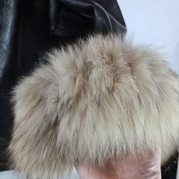 Vtg 60s Black Leather Fur Collar Cuffs Penny Lane Coat - Picture 4 of 13